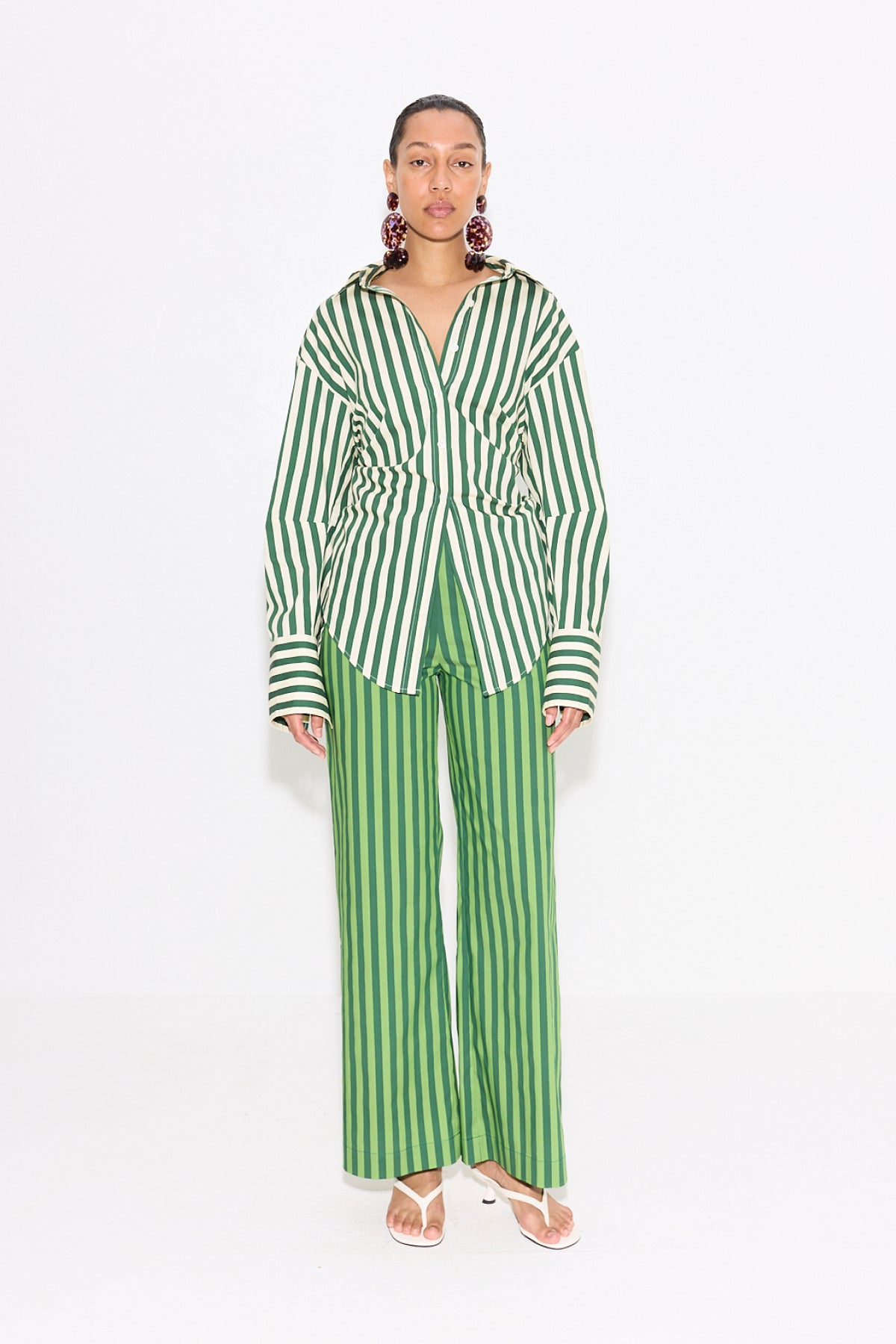 Loch Striped Poplin Button Up in Gummy Green/Ecru