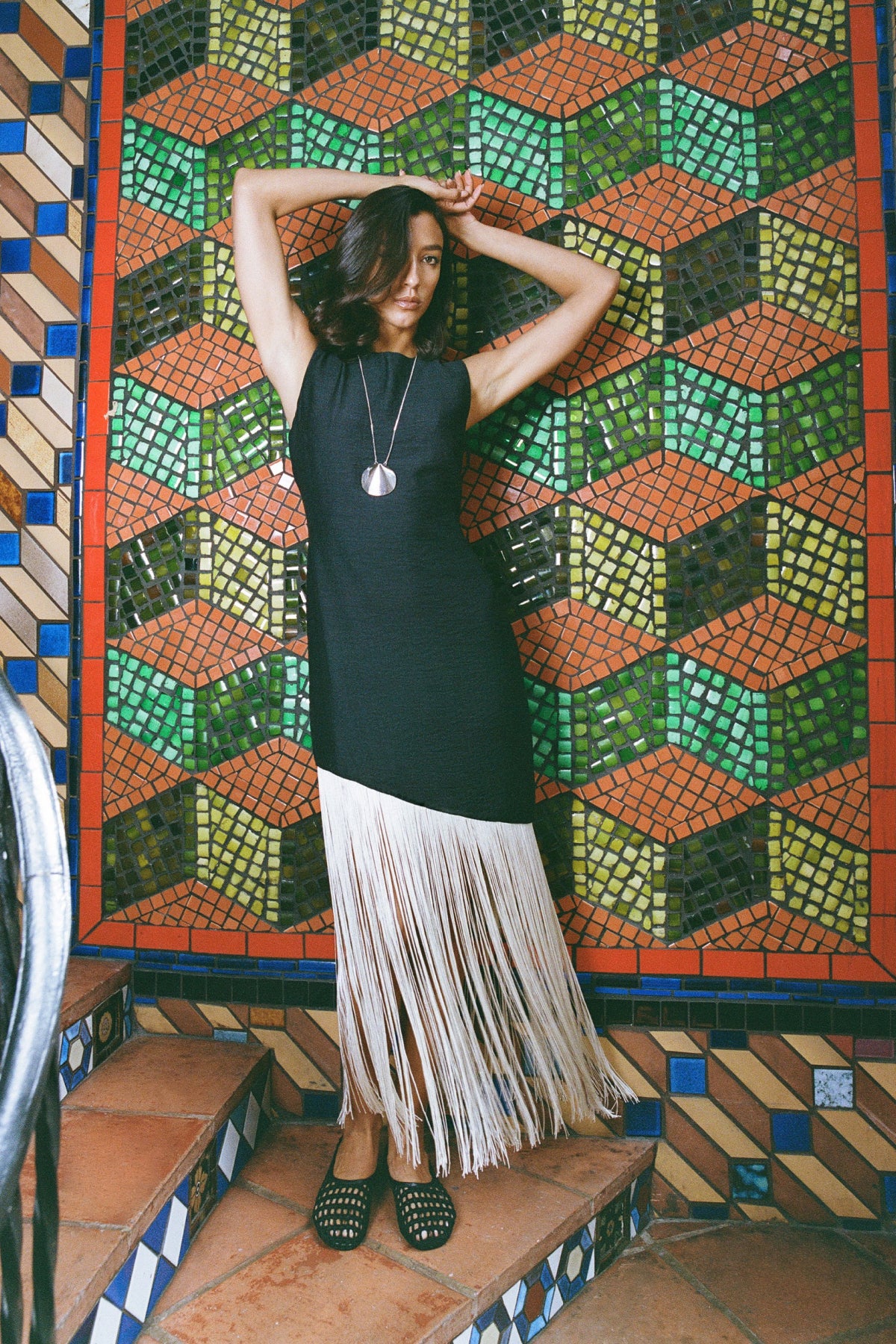 Casablanca Fringe Dress in Black/Seashell